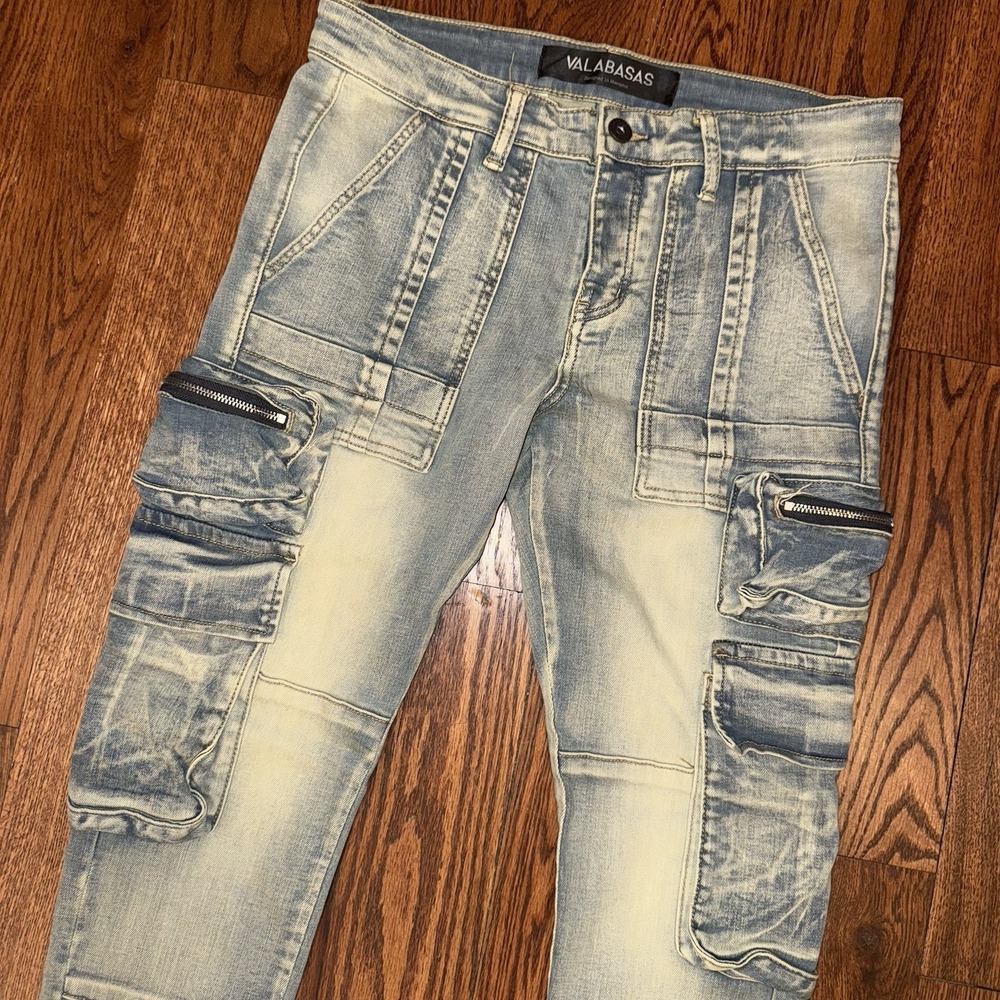 Valabasas Cargo Skinny Jeans Men's 30x32 Light Blue Wash Stretch Zip Distressed